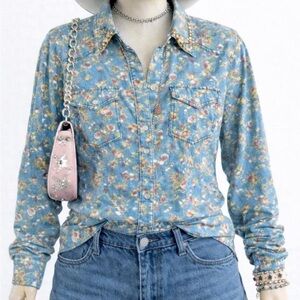 ONLY Blue Floral Studded Collar Western Button-Up Shirt